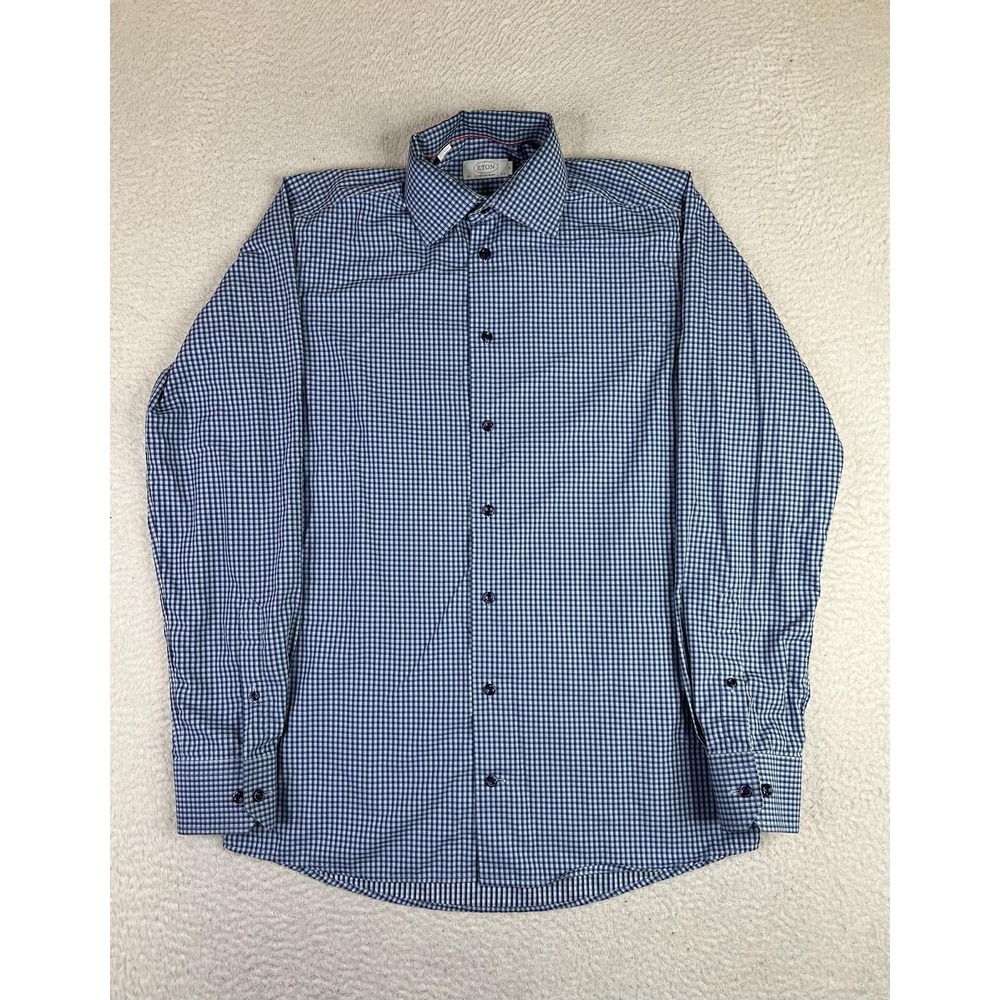 Eton Mens Dress Shirt 15.5 39 Blue Gingham Contemporary Cotton Long Sleeve